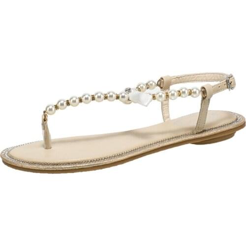 2021 Summer Women Sandals Shoes Flat Pearl Sandals Comfortable String Bead Beach Slippers Casual Sandals Clear Heels for Women