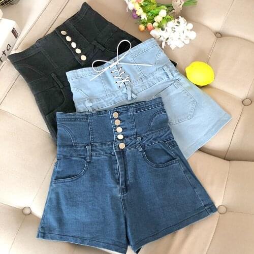High Wait Jean Shorts Women Spring Summer New Denim Shorts Buckle Bandage Hot Pants Slim Elasticity Jeans Shorts Femme