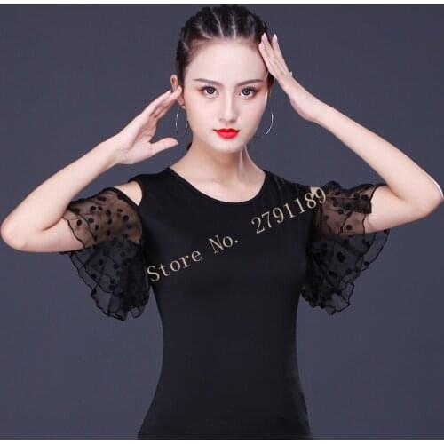 Women Black V-neck short sleeve Modern latin dance clothes top for women/female dancers,vogue Ballroom Costume performance wear