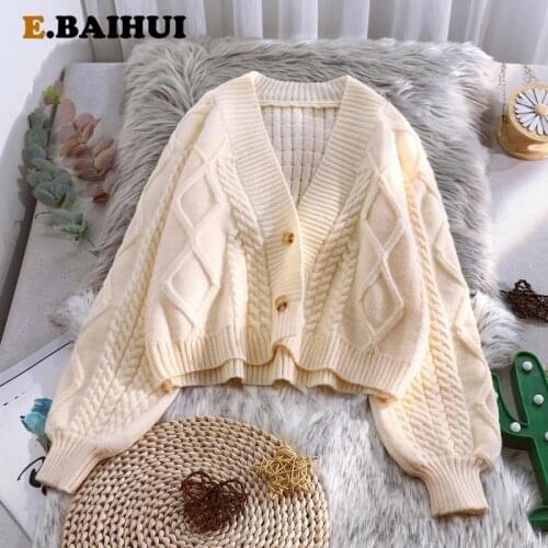 E-BAIHUI Vintage Short Cardigan Knitted Sweater Women 2020 Autumn Winter Long Sleeve Solid Sweaters Coat & Jackets Women