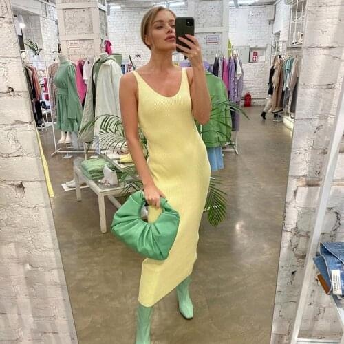 MEIYANGYOUNG Yellow V Neck Summer Dress 2021 New Dresses For Women Spaghetti Strap Knitted Long Dress Womens Summer Sundresses
