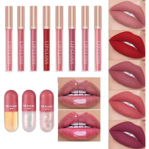 2pcs/set Makeup Lips Plumper Oil Repairing Fine Lines Lip Moisturizing Sexy Lip Gloss Waterproof Velvet Matte Lipstick Cosmetic