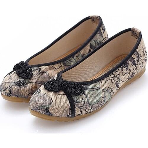 Chinese Knot Ladies Floral Printed Canvas Ballet Shoes Vintage Women Casual Comfortable Old Beijing Slip On Ballerinas Flats
