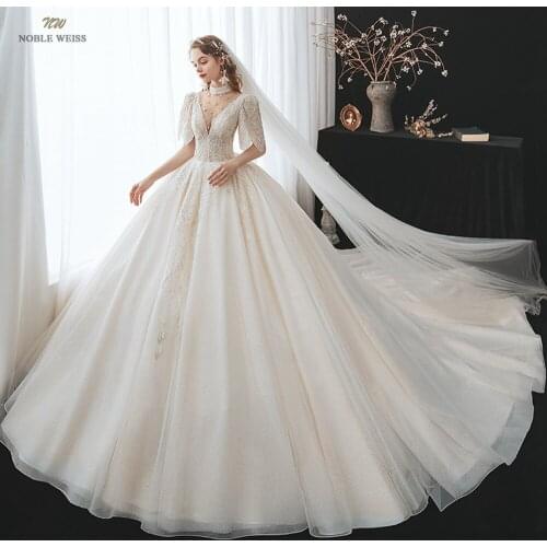 Ball Gown Wedding Dresses for Women High Neck Beaded Wedding Gowns Court Train Bridal Dresses With Half Sleeves
