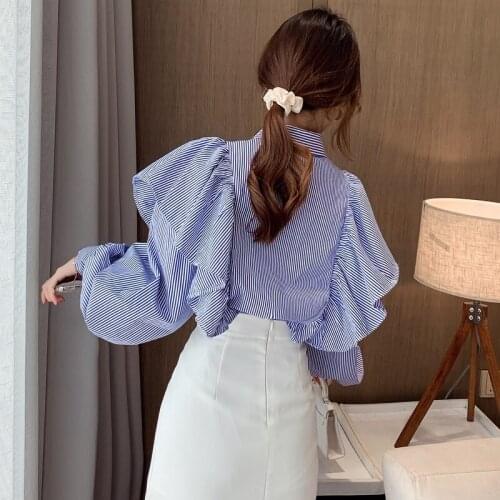 Blouse women 2021 Blue Striped Women Shirts Blouses Ruffles Blouse Flounces Tops V-Neck Long Sleeve Chic Woman Blusa Spring