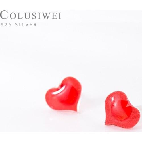 Colusiwei 100% 925 Sterling Silver Romantic Red Heart Stud Earrings Sweet Cute Earrings for Women Fashion Silver Jewelry