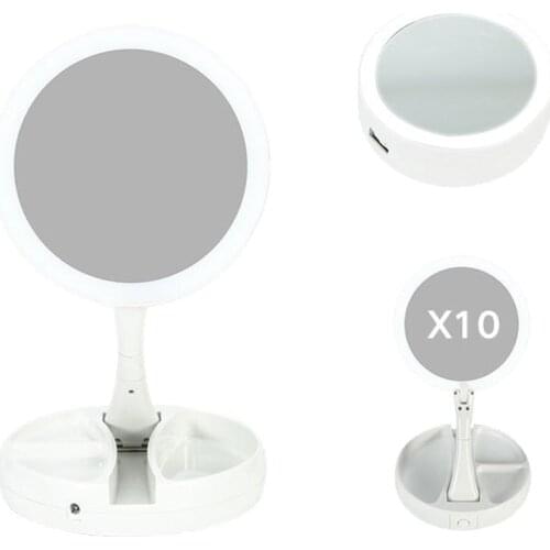 Dual Side Makeup Mirror With Light USB Table Mirror Desktop 10X Magnifying Women Vanity Mirror Cosmetic Mirror With Storage Box