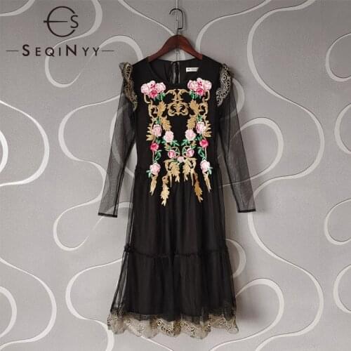 EQINYY Designer Fashion Dress Summer Gauze Embroidery Lace Patchwork Runway New Black Elegant A-Line
