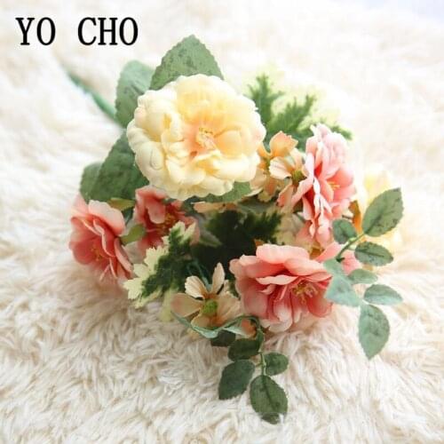 YO CHO 5 Heads Artificial Tea Rose Flower Branch Simulation Camellia Flore Bouquet Wedding Fake Flowers Home Wedding Party Decor