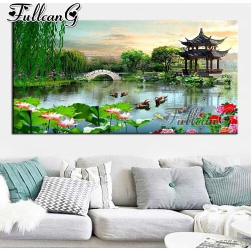 FULLCANG Park scenery pavilion lake large diamond painting 5d diy full square round drill mosaic embroidery sale decor FC3412