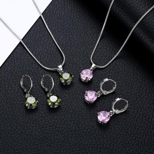 Women Round Cubic Zirconia Pendant Chain Necklace Hoop Earrings Jewelry Set
