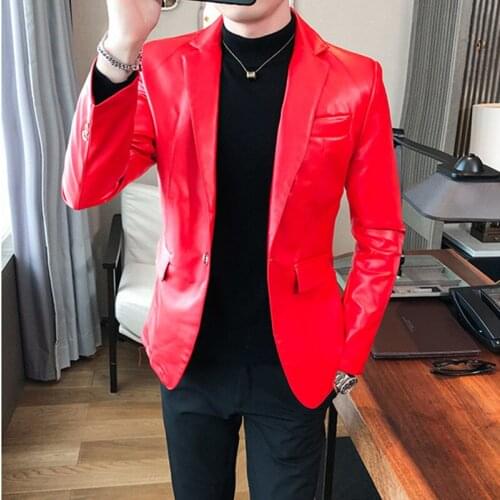 2021 New Mens Korean Slim Suit Leather Jacket Fashion Business Casual Mens Pure Color Artificial Leather Suit coat Brand male
