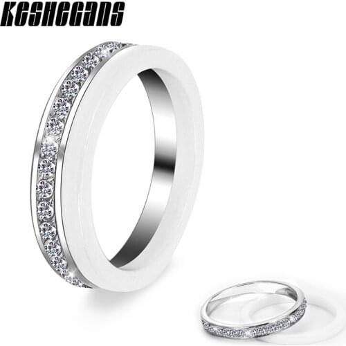 Fashion Ring Sets 2pcs/Set White Ceramic Stainless Steel With Semi-circle Bling Crystal Finger Rings Set For Women Jewelry Gifts
