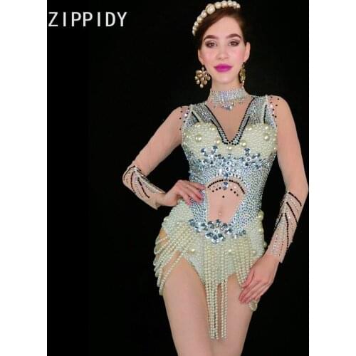 New Pearls Silver Rhinestones Transparent Long Sleeves Bodysuit Womens Bar Birthday Celebrate Outfit Dance Mesh Wear