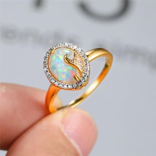 Charm Crystal Oval Opal Engagement Ring Luxury Female White Blue Stone Wave Ring Classic Gold Color Thin Wedding Rings For Women