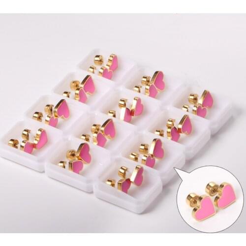 12 Pairs 316L Stainless Steel Pink Heart Stud Earrings Lovely Ear Stud Gold/Silver Color Jewelry for Women Girl Party Gift