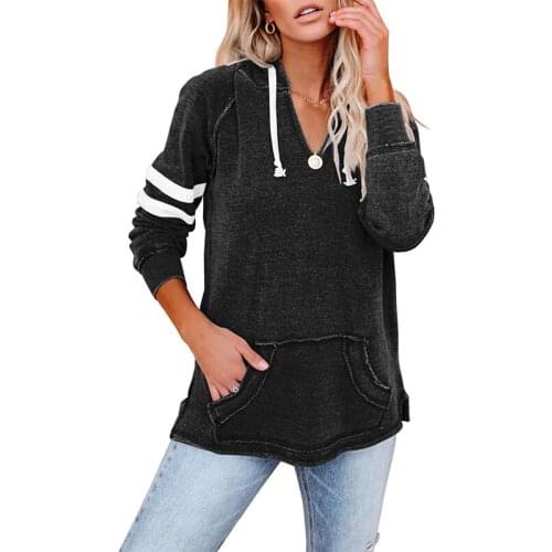 Casual Striped V-neck Hoodies Sweatshirts Women Long Sleeve Hooded Oversized Jumpers Female Simple Pockets Pullovers Winter 2020
