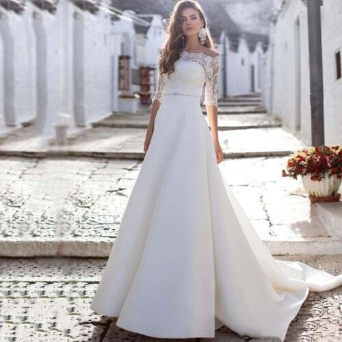 Eightree Off Shoulder Romantic Lace Wedding Dresses Half Sleeves Satin Wedding Dress A-line Beaded Sash Garden Bridal Gowns