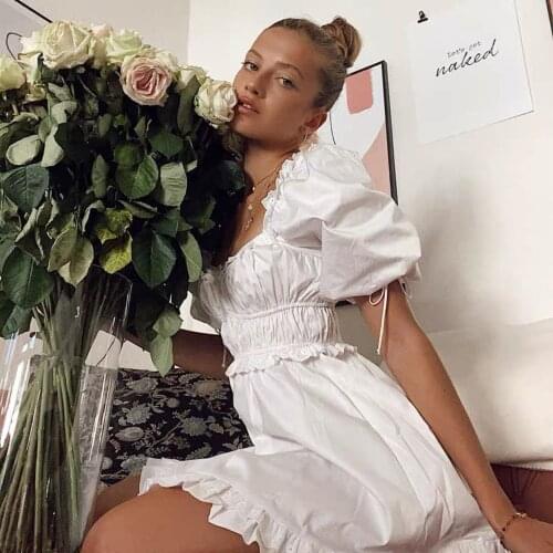 Puff sleeve mini Sexy white dress ruffle summer dress square neck elastic bust super chic women party dress new