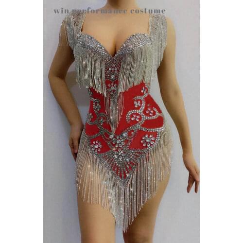Mesh Sexy Chubby Bodysuit Inlaid Pearls Crystals Chains Dress Birthday Party Celebrate Tassels Costume Nightclub Fringes outfi