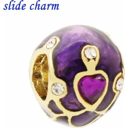 Slide charm Free shipping Purple Heart purple crystal enamel charm beads fit Pandora bracelet eggs