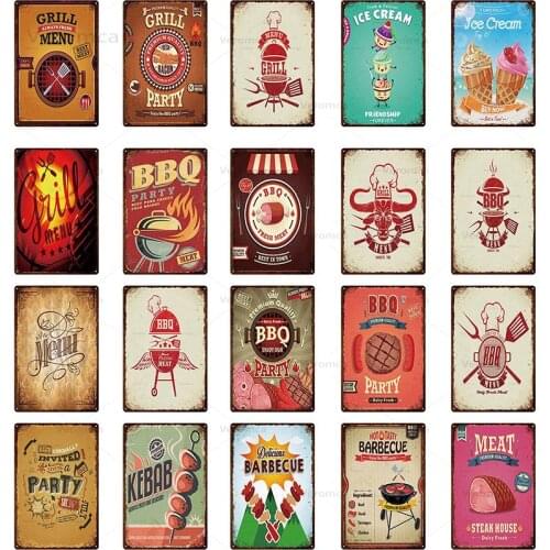 BBQ Signs Vintage Barbecue Metal Plaque Tin Sign Dads BBQ Poster Decorative Metal Plates Room Wall Stickers Bar Pub Home Decor