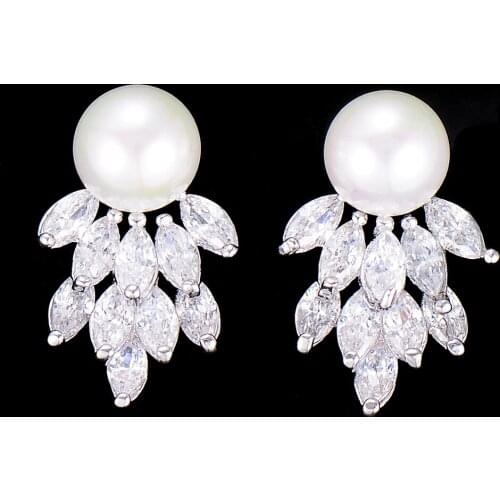 Blachette High Quality Female Cute Pearl Pierced Oval Cubic Zirconia Stud Earrings For Bridal Engagement Earrings Jewelry