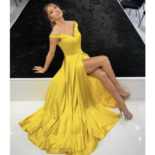 Bright Yellow V-Neck Off The Shoulder A-Line Side Split Court Train Satin Pleated Long Women Prom Dresses Party Gown For Prom