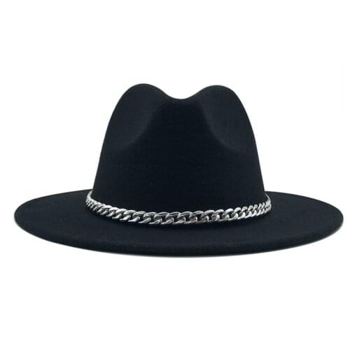 New Fashion Quality Wide Brim Fedora Hat Women Lmitation Wool Felt Hats With Metal Chain Decor Panama Fedoras Chapeau Sombrero