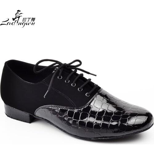 Ladingwu Modern Crocodile texture PU and Flannel Dance Shoes Men Black Soft Bottom Ballroom Dance Competition Shoes 2.5/4.5cm