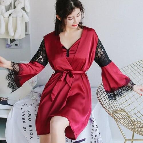 2pcs V-Neck Robe Gown Sets Faux Silk Bathrobe Sexy Lace dressing gowns for women Nightwear Adjustable Straps Night dress