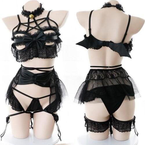 Japanese Devil Cosplay Costumes Women Sexy Lace Bat Bandage Lingerie Set Underwear Babydoll Open Cup Bra Set Sexy Costumes