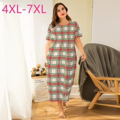 New summer plus size ankle length dress for women large loose casual short sleeve red plaid straight long dress 4XL 5XL 6XL 7XL