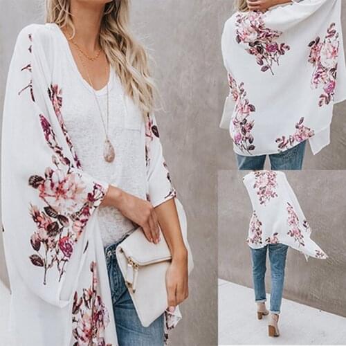 Plus Size Autumn Retro Floral Kimono Long Sleeve Chiffon Blouse Casual Loose Beach Wear Cover Up Shawl Cardigan Shirt Women Tops