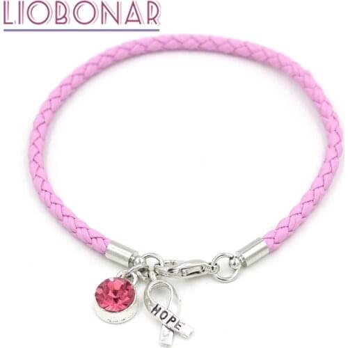 1PC Breast Cancer Awareness Bracelet Jewelry Pink Leather Hope Ribbon Charm Bracelets for Cancer Center Foundation Gift