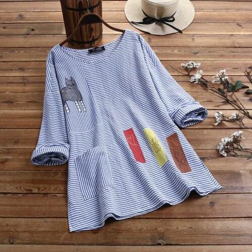 2021 Elegant Cartoon Printed Tops Womens Striped Patchwork Blouse Spring Shirts Female O Neck Blusas Plus Size Tunic Chemise