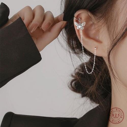925 Sterling Silver European Simple Butterfly Tassel Earrings Women Chain Ear Bone Clip One Set Sweet Creative Party Jewelry