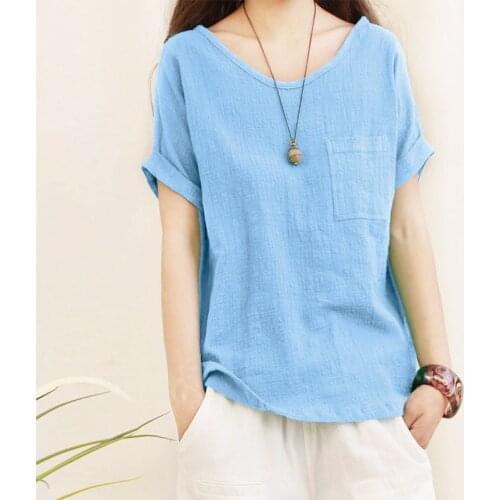 O Neck Solid Shirt Lady Tops Loose Cotton Linen Blouse Plus Size 5Xl Blouses Women 2021 Summer Shirts Casual Short Sleeve