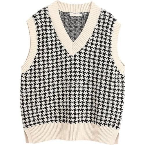Women Oversized Knitted Vest Sweater Ladies V Neck Sleeveless Side Vents Sweater Oversized Houndstooth Knitted Vest Sweater 2021