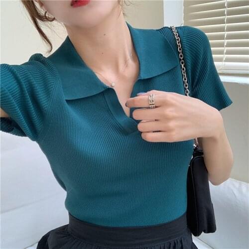 Short Sleeve T Shirt Women Summer Temperament Show Thin Knitting Lapel V Neck Leisure Tops 2021 New lady Clothing Wholesale