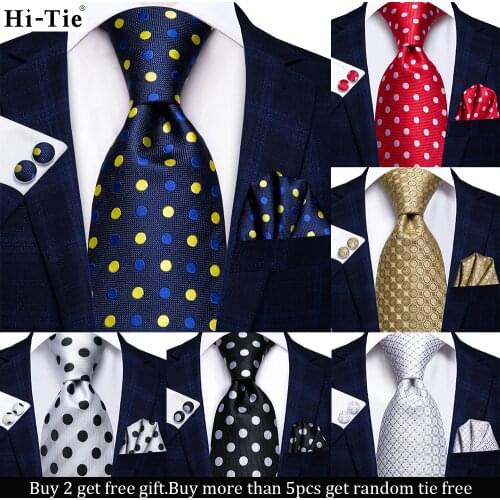 Hi-Tie Navy Blue Red Dot Silk Wedding Tie For Men Hanky Cufflink Mens Gift Tie Set Business Party Dropshipping Fashion Designer