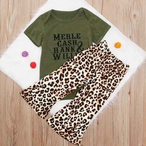 1-4Years Baby Girl Clothes Green Letter Short Sleeve Jumpsuit Tops +Leopard print Flare Pants Sets Girls Summer Clothing