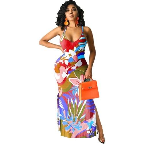 2021 New Arrival Famous Brand Dress Print Spaghetti Strap Backless Summer Beach Maxi Dress Vestidos
