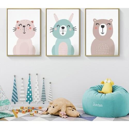 Cartoon Animal Wall Art Canvas Painting Nordic Posters and Prints Cat Bear Rabbit Nursery Wall Pictures Kids Room Bedroom Decor