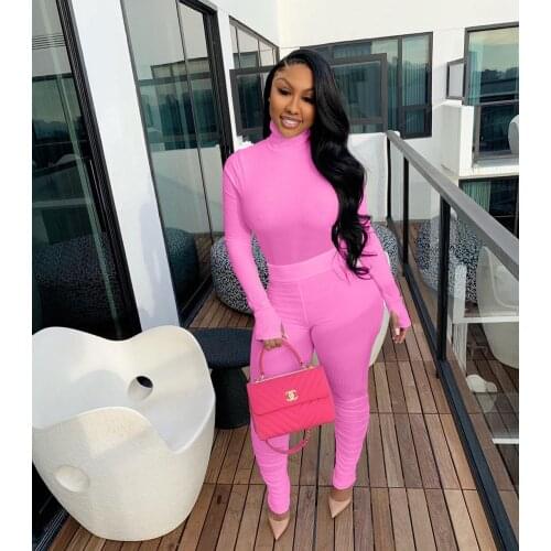 Echoine Solid Turtleneck Long Sleeve Tee Top and Pleated Stacked Ruched Pants Tracksuit Active Sporty lounge wear Two Piece Set