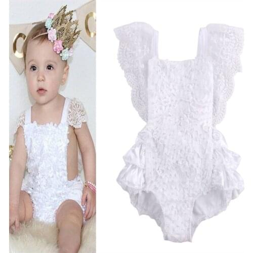 Solid Lace Short sleeve Ruffled Rompers For Baby Girl