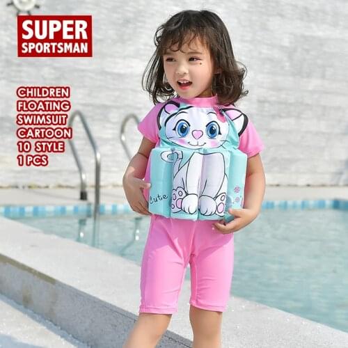 Baby Girls Floating Swimwear Children Cartoon Cat Surfing One Piece Swimsuit Kids Boy Swim Beach Bathing Swimming Suit Rashguard