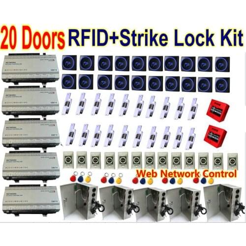 20 Door Turnkey Full Kit Network Controller Panel with 20 pcs New RFID Card Reader+UPS Power+Door Strike Lock+Infrared button
