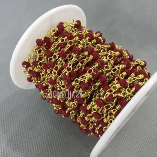 3x4mm Gold Electroplated Faceted Rondelle Beads Copper, Dark Red Glass Crystal Chain Rosary RC4762