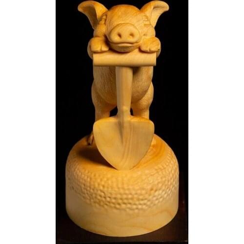Cerdo del zodiaco, cerdo de trabajo duro, cerdo de la suerte, tallado de boj, decoración del hogar de madera sólida creativa, ad